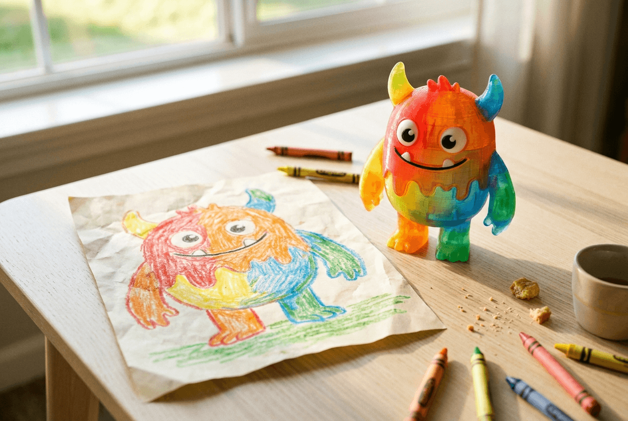 A child's crayon drawing of a monster beside the 3D-printed toy made from it